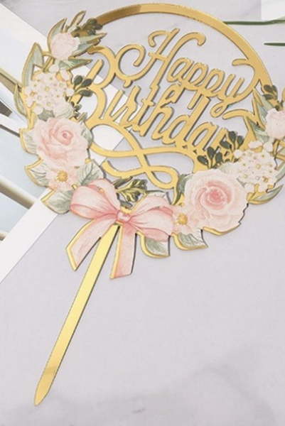 Cake Topper - Happy Birthday - Gold Roses
